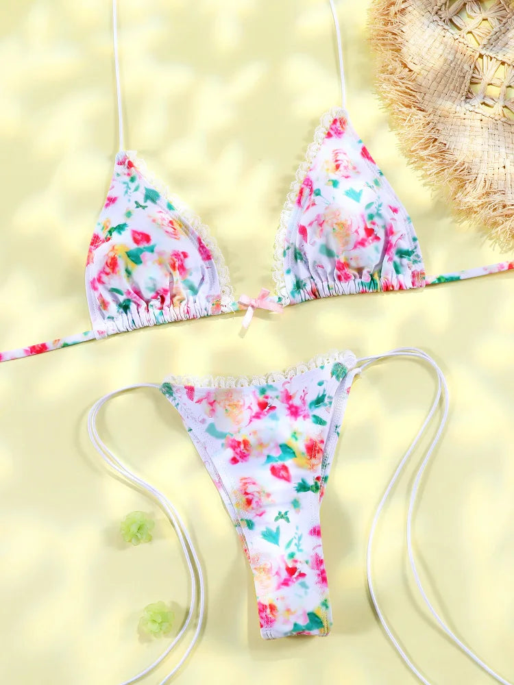 Sexy Triangle Mini Bikini Sets Micro Thongs Swimsuit Women Bathing Suit Biquini Bandage Beachwear Print Swimwear Thong Bikini