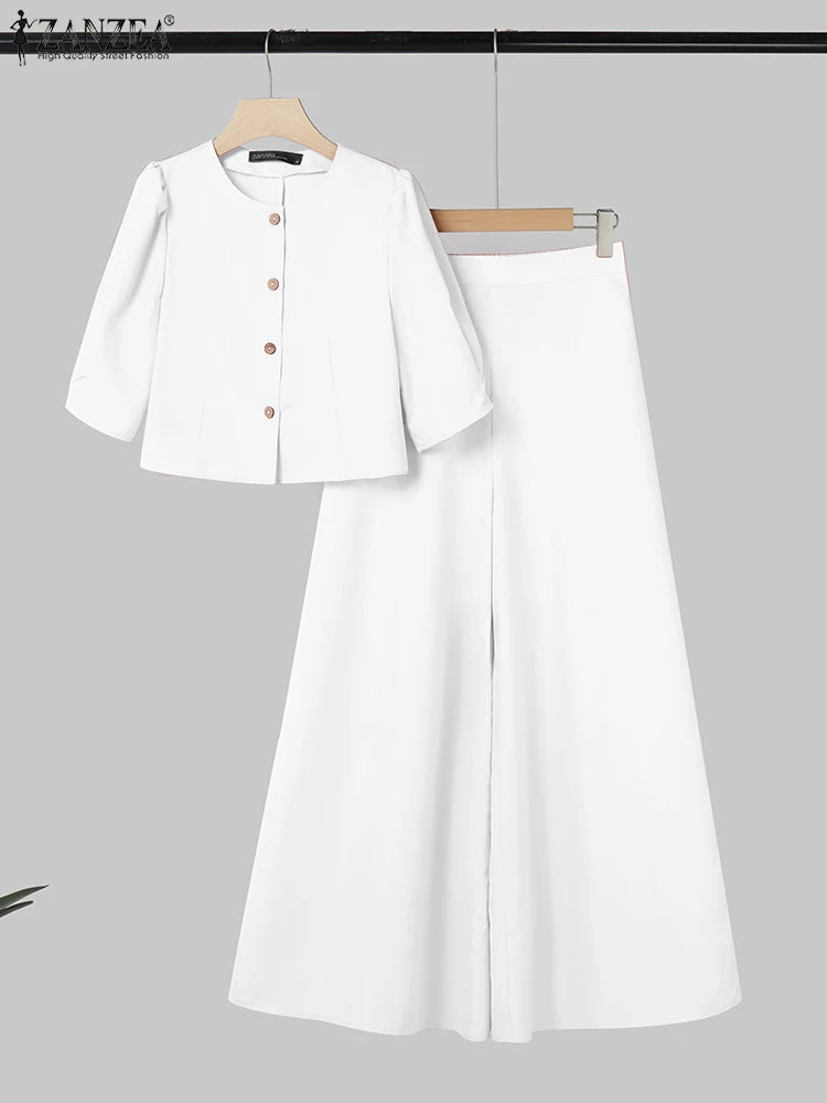 ZANZA Fashion Summer Trousers Suit 2PCS Women Matching Sets Elegant Short Sleeve Blouse Wide Leg Pant Sets OL Work Outfits