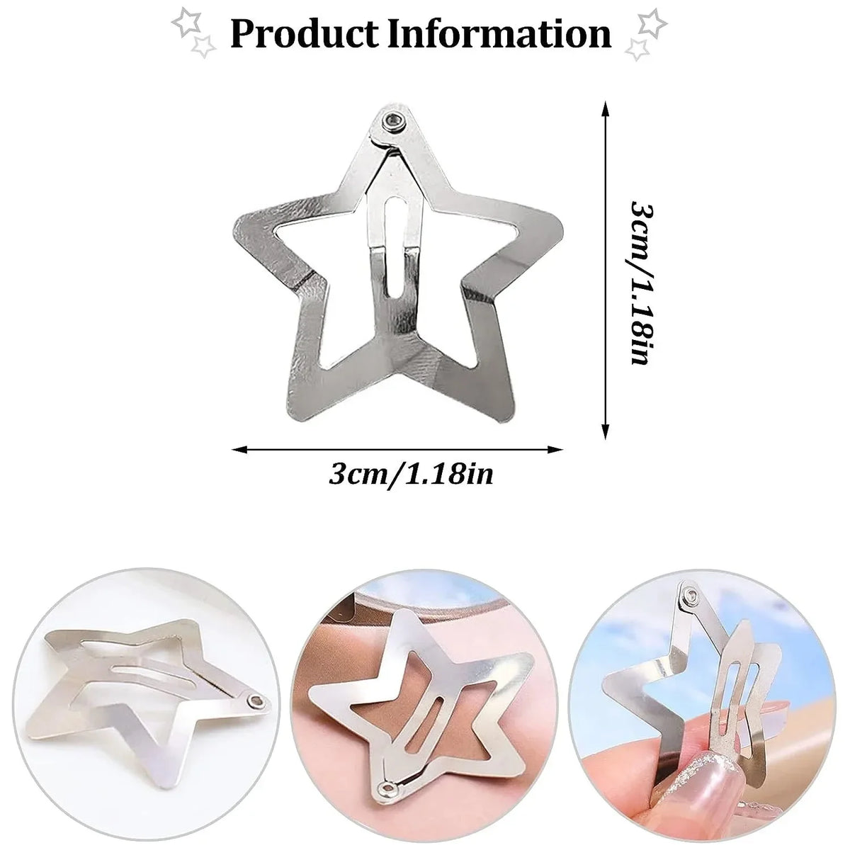 Silver Star Hair Clips Set for Girls -  Metal Snap Barrettes with Shiny Jewel Hair Grips Fashionable Hair Accessories