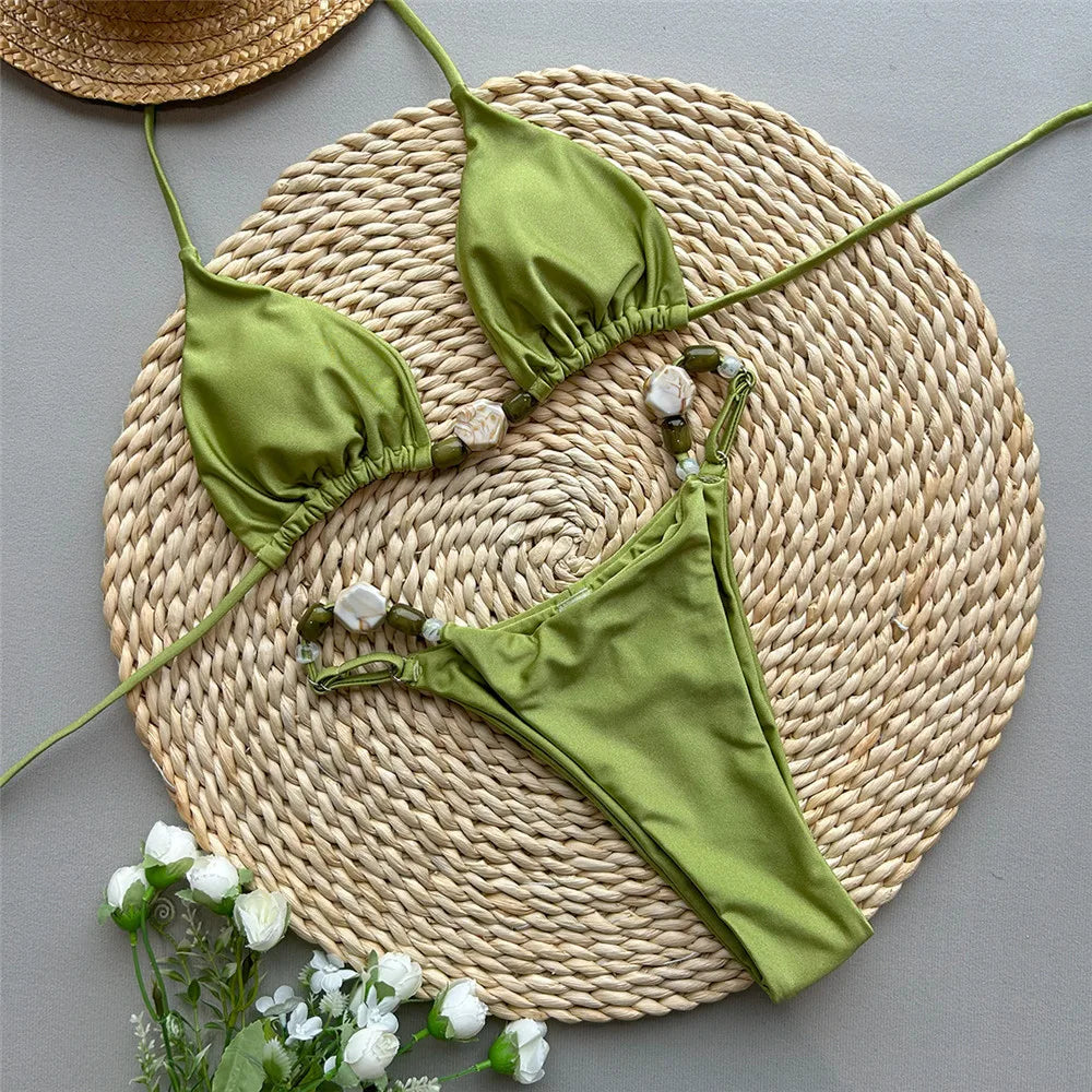 Solid Green Swimwears Sexy Halter Triangle Bead String Bikini Mini Micro Thong Swimsuit Woman  Summer Brazilian Bikinis Sets