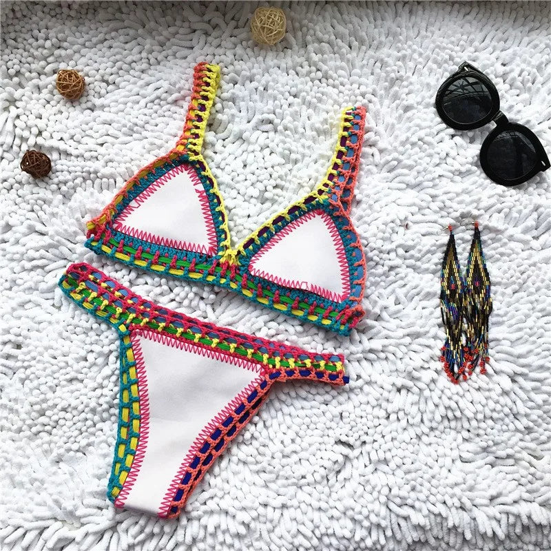 Pink Crochet Bikini  Sexy Women Swimsuit Female Swimwear Micro Bikini Set Bandeau Swimming Suit Beachwear Brazilian Biquini