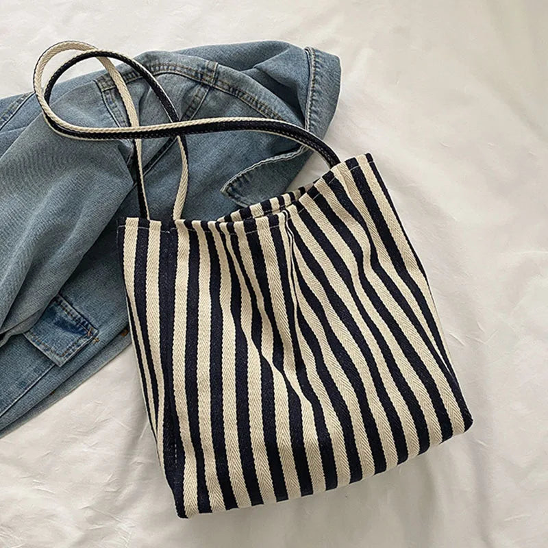 Large Capacity Korean Style Stripe Canvas Tote Bag Female Casual Simple Shoulder Bags Shopping Handbag Daily Totes Bag