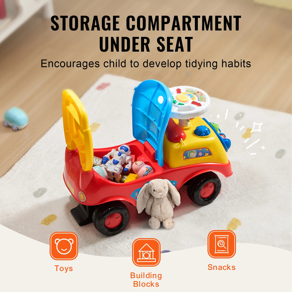 SucceBuy Toddler Ride On Push Car Sit to Stand Kids Ride On Toy Car with Music Steering Wheel Seat Storage for Toddlers