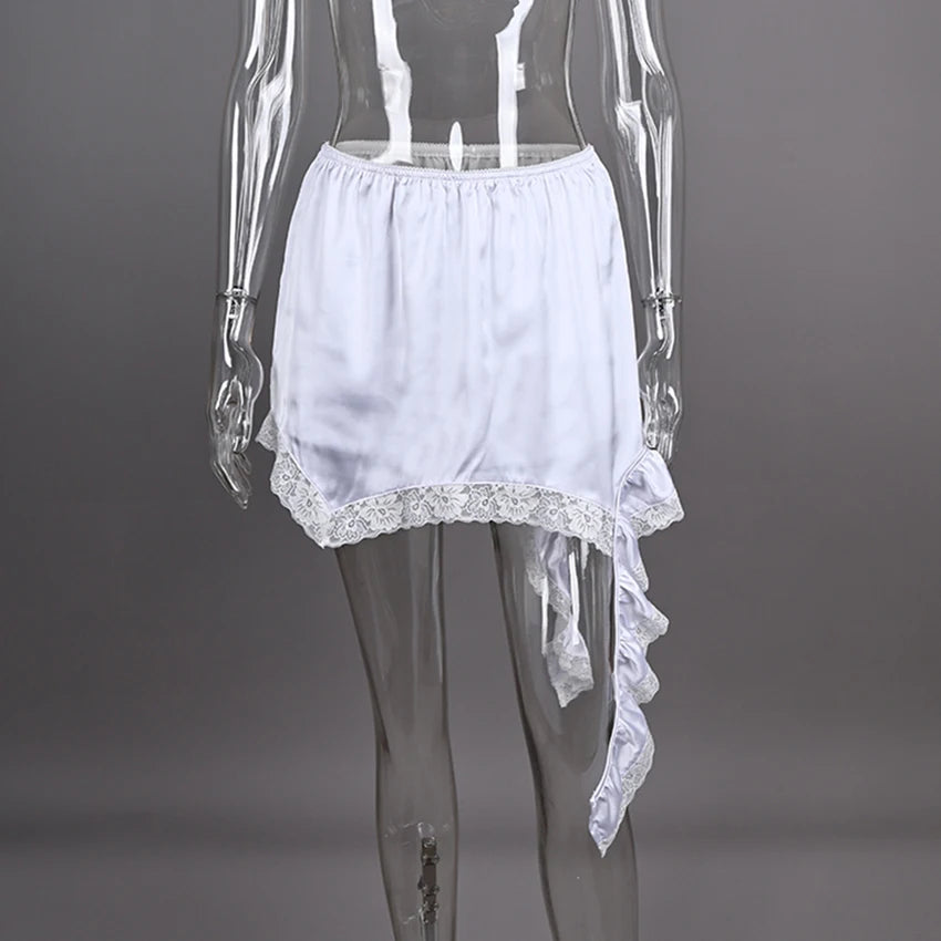 Linad Sexy Lace White Asymmetrical Midi Skirts Street Chic Satin High Waist Slim Skirt Summer Casual Solid Skirt Female