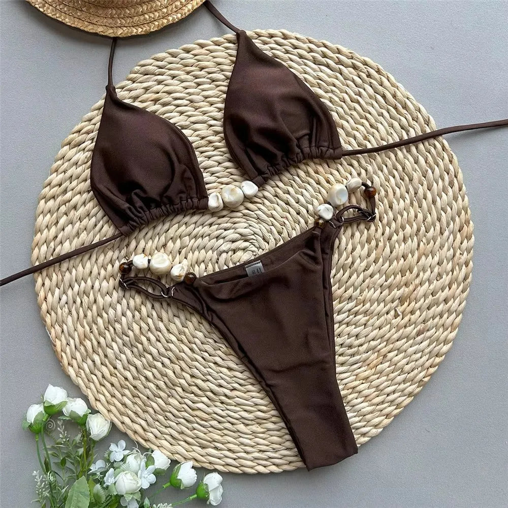 Solid Green Swimwears Sexy Halter Triangle Bead String Bikini Mini Micro Thong Swimsuit Woman  Summer Brazilian Bikinis Sets