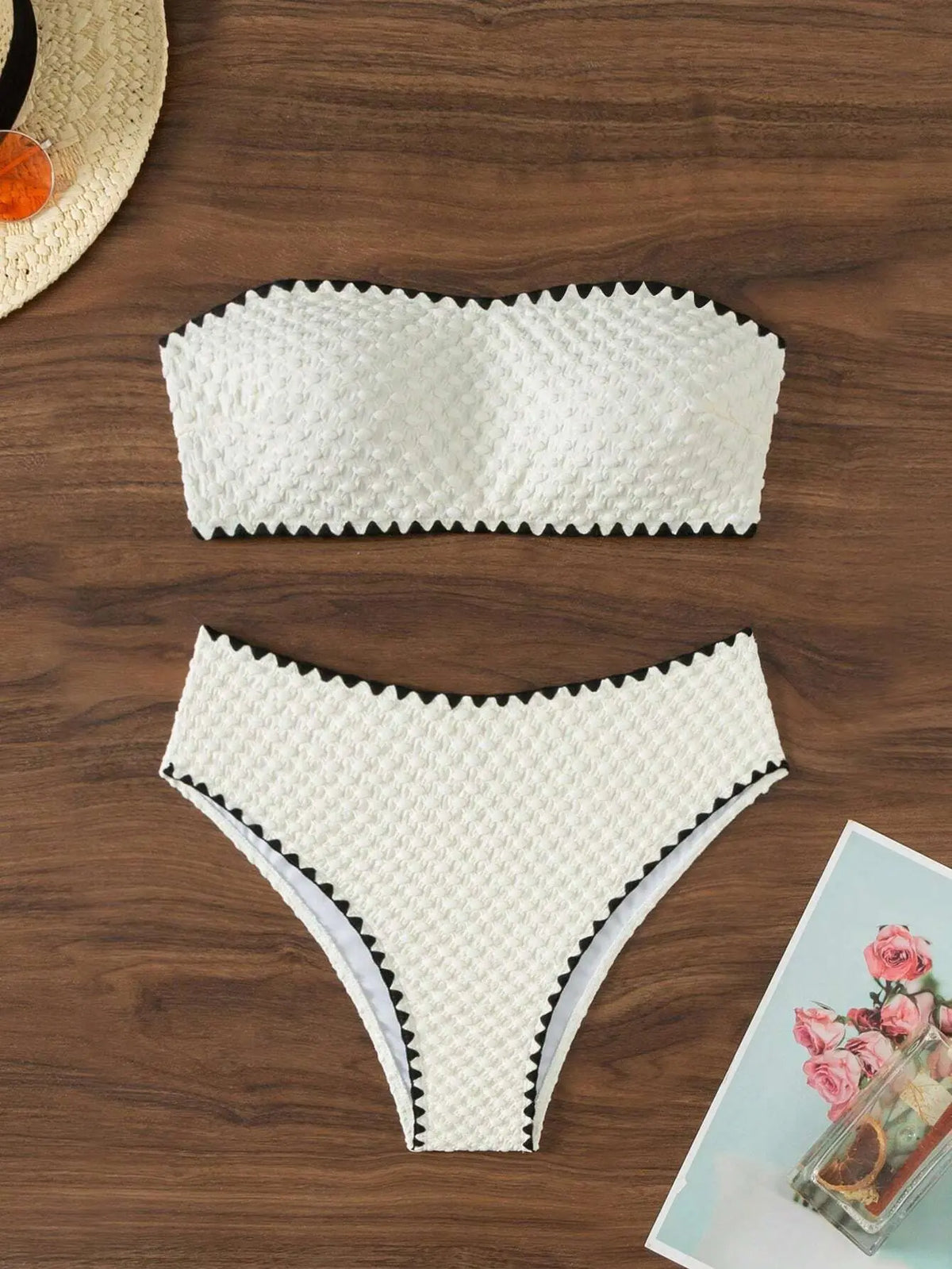 Swimwear White 2 Piece Strapless Swimsuit for Women Sexy Bandeau Backless Bikini Set Lace-up Patchwork Bathing Suit  New