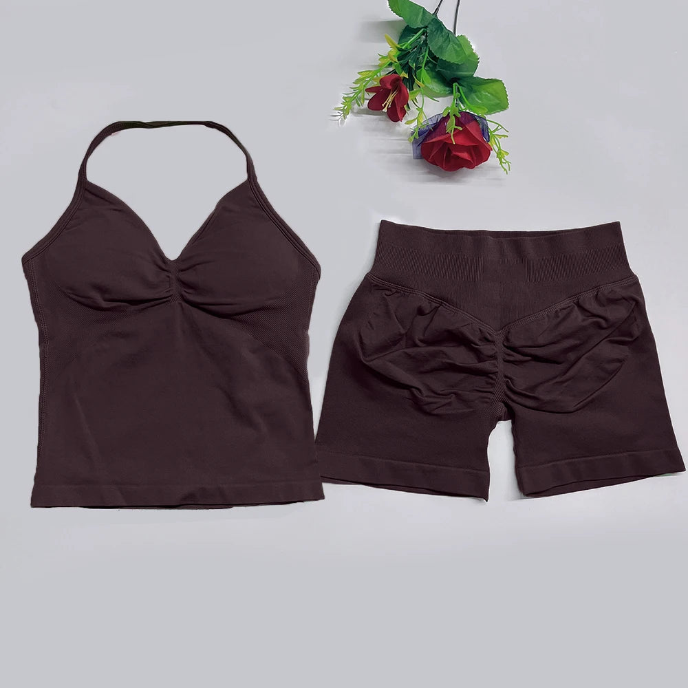 2Pcs Gym Set Yoga Longline Strappy Top and Seamless Scrunch Butt Lifting Short Workout Yoga Set Outfits