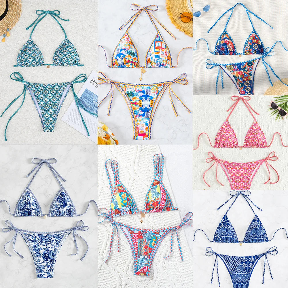 " New Triangle Bikini Set - Floral Print Push Up Swimsuit & Brazilian Bottoms"
