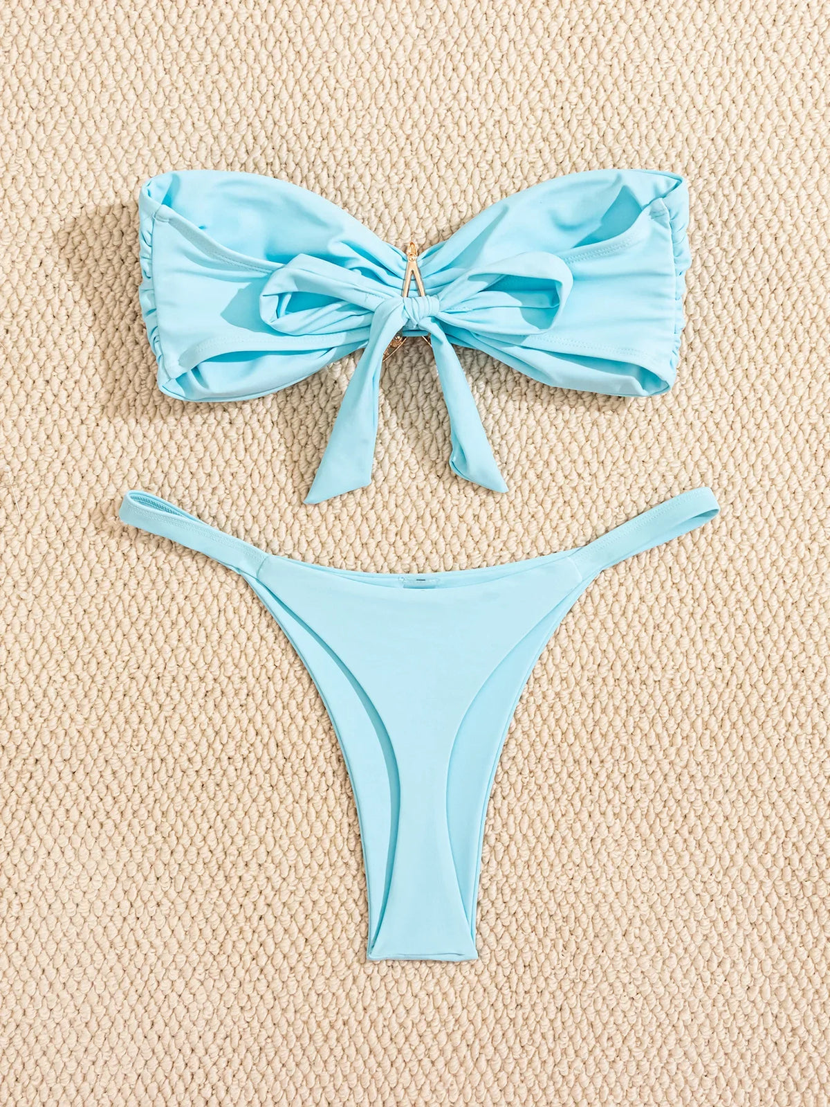 Sexy Bandeau Bikini Set  Women Sky Blue Starfish Ornament Push Up Thong Swimsuit Brazilian Beach Bathing Suit Micro Swimwear