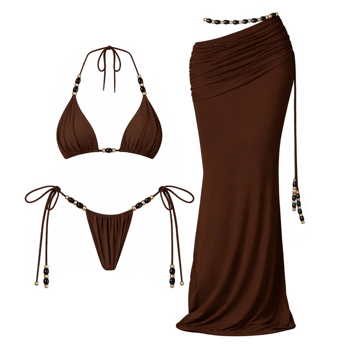 Beads 3Pcs Green Bikini Sexy Women Bandeau Biquini Female Swimsuit Push Up Swimwear Mesh Skirt Bathing Suits Cover Up Beachwear