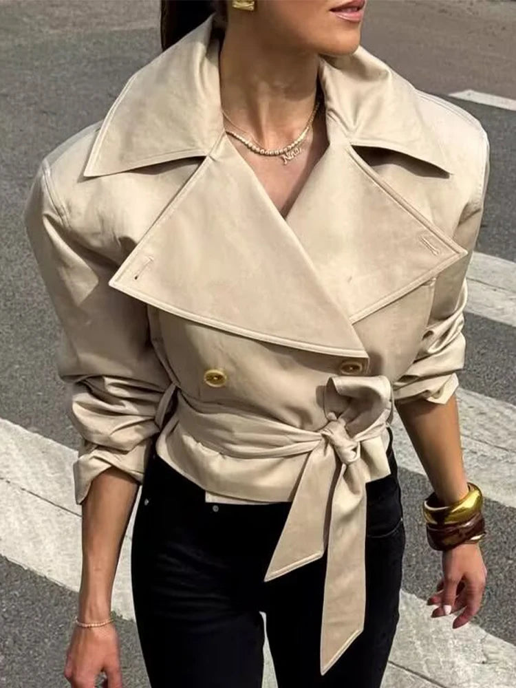 SLTNX  New Women's British Wind Trench Coat Style Double-breasted Long Sleeve Belt Lapel Jacket Short Coat