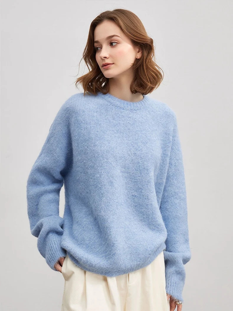 SuyaDream Warm Alpaca Pullovers for Woman, Dropped Sleeved Loose Sweaters, Brushed Wool Knit Sweater,  Fall Winter Top