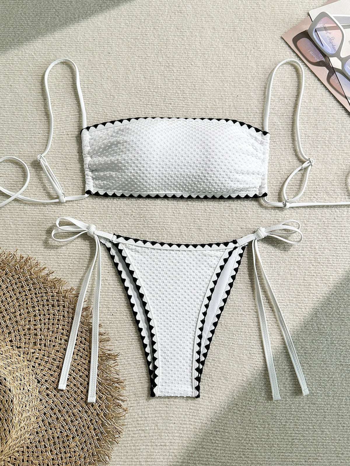 Swimwear White 2 Piece Strapless Swimsuit for Women Sexy Bandeau Backless Bikini Set Lace-up Patchwork Bathing Suit  New