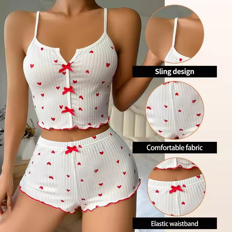 Silk Heart-Print Pajama Set – Cami Top & Shorts