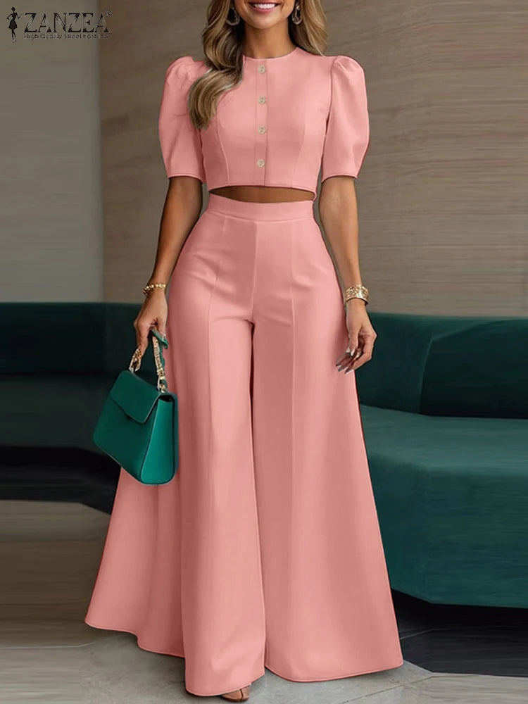 ZANZA Fashion Summer Trousers Suit 2PCS Women Matching Sets Elegant Short Sleeve Blouse Wide Leg Pant Sets OL Work Outfits