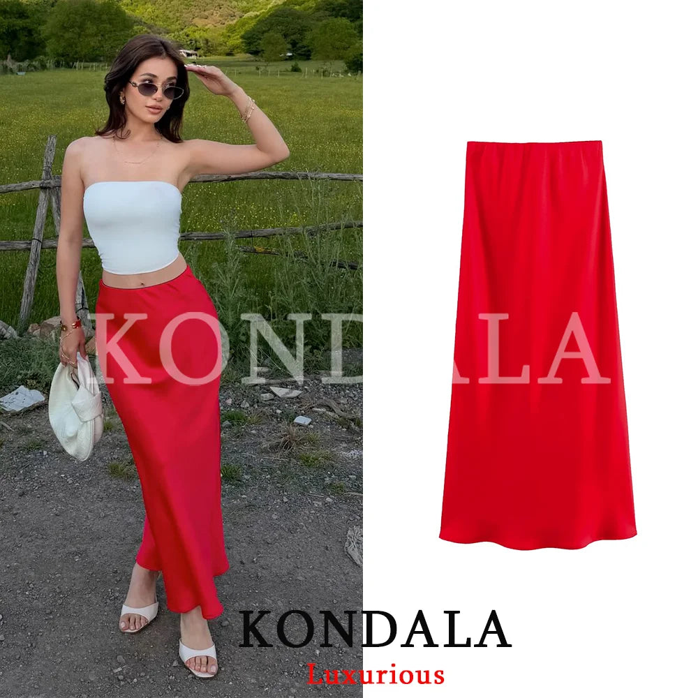KONDALA Vintage Satin Solid Long Skirts Women High Waist Elastic Silky Skirts Fashion  Spring Elegant Straight Skirts