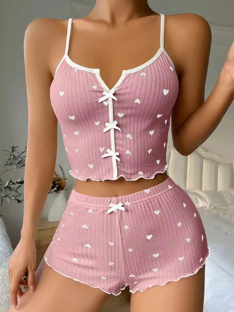 Silk Heart-Print Pajama Set – Cami Top & Shorts