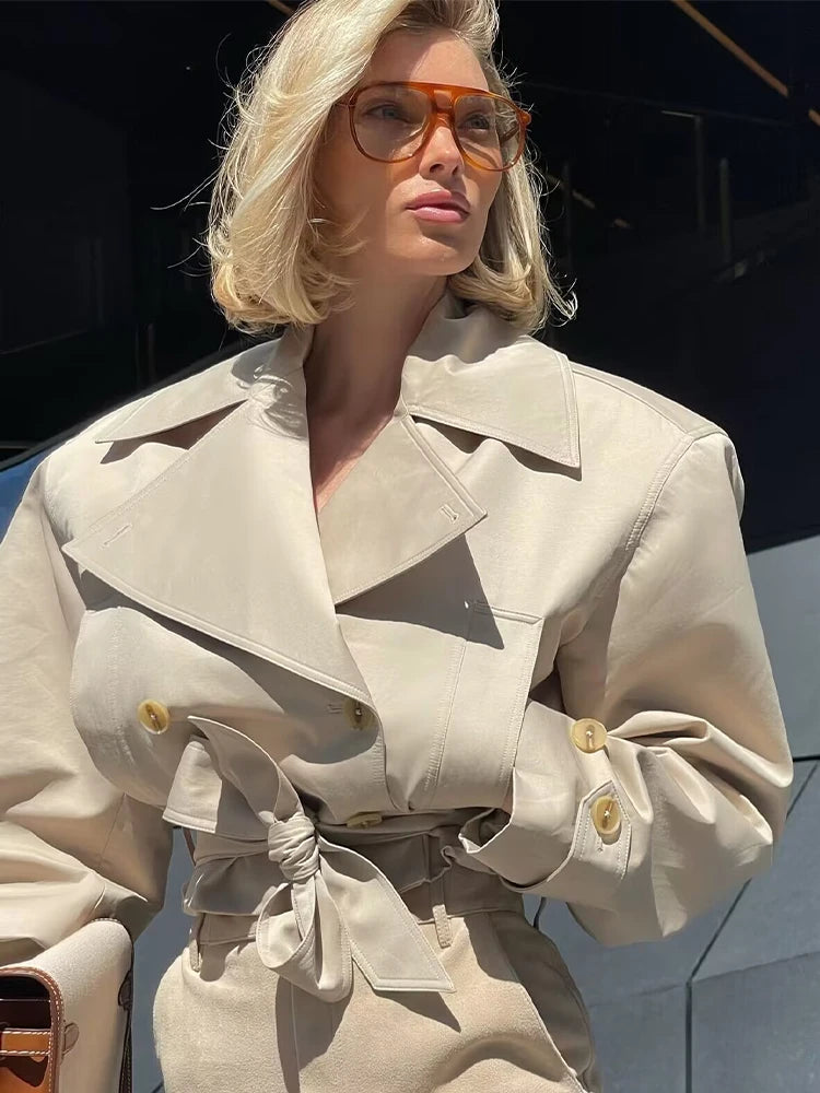 SLTNX  New Women's British Wind Trench Coat Style Double-breasted Long Sleeve Belt Lapel Jacket Short Coat