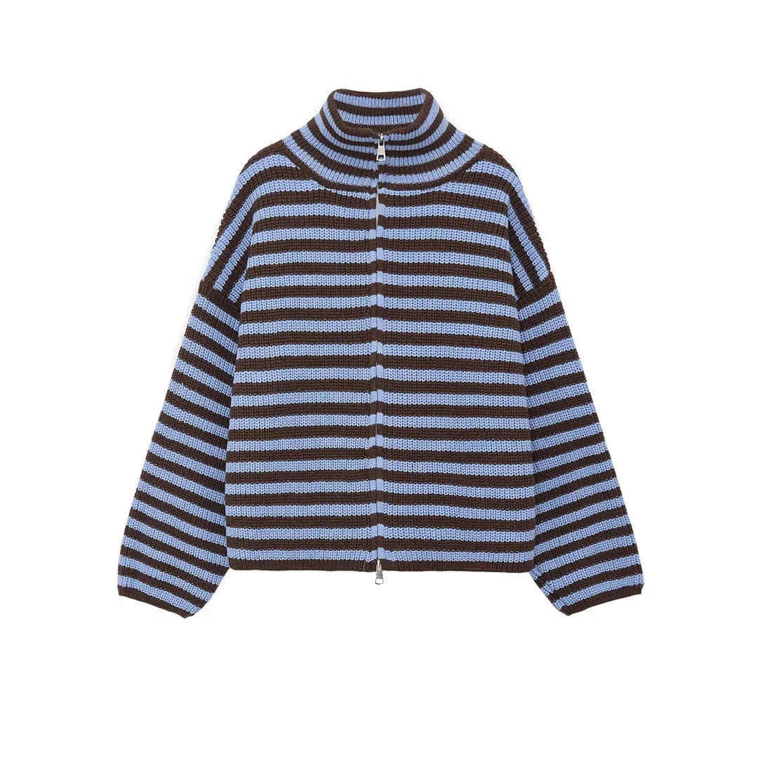 New Spring Striped Loose Knit Cardigans Women Casual Turtleneck Zip-up Pink Sweater Coat Women Knitwear Streetwear