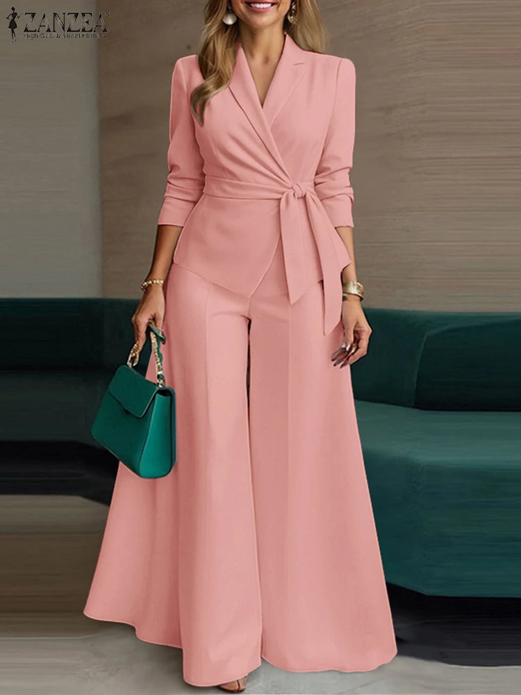 ZANZEA Elegant 2 Pieces Pant Sets Long Sleeve Belted Lightweight Blazer & Wide Leg Pant 2pcs Suits Office Lady Commuting Sets