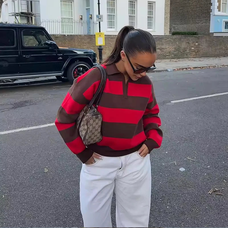 Autumn Women's  New Knitted Striped Sweater Polo Neck Pullover Autumn Fashion Loose Elegant Warm Young Women Sweater Street