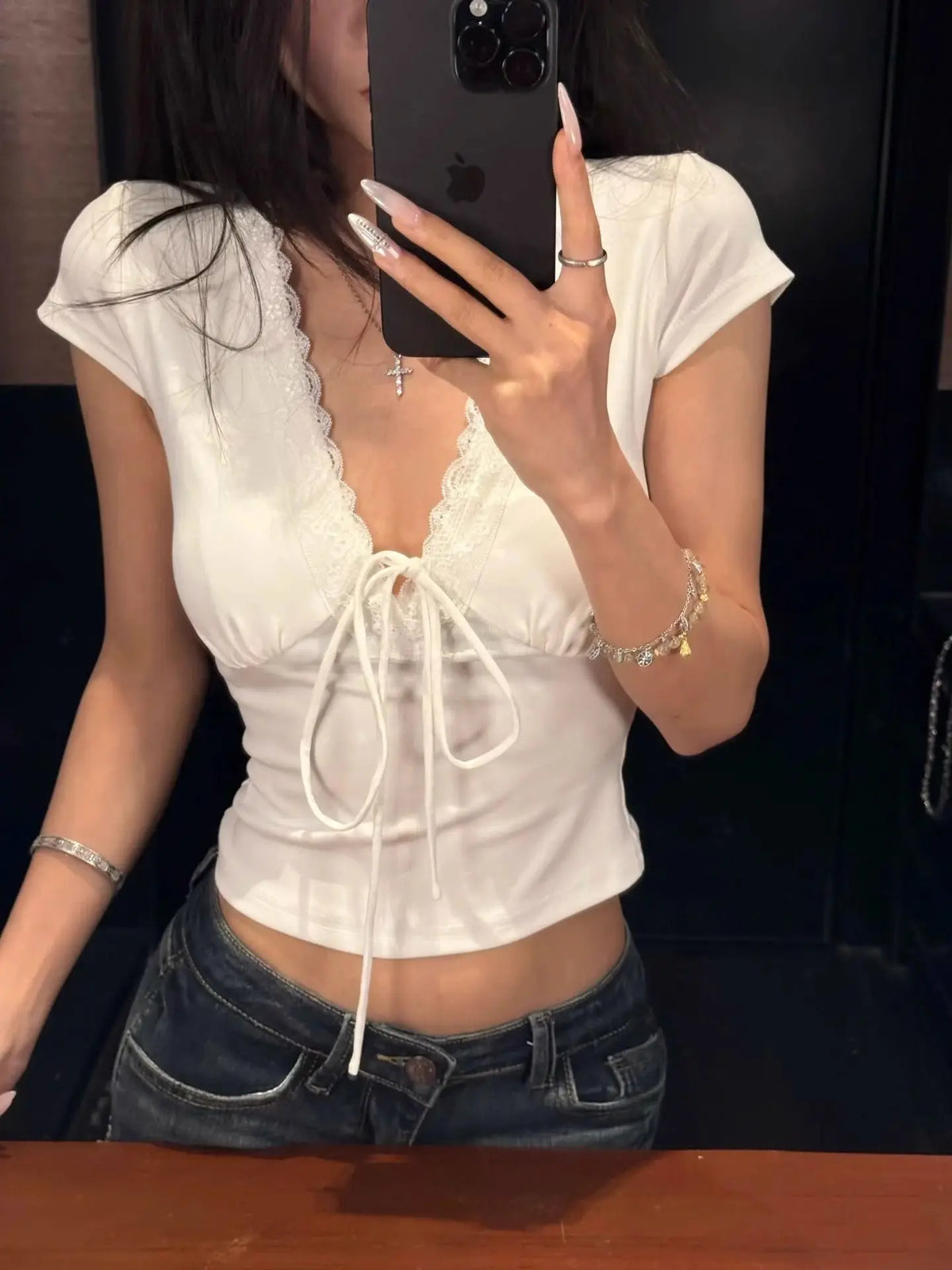Women Solid Lace Tops V-Neck Short Sleeves Satin Slim Regular Streetwear Tees Female Summer Pure Desire Hot Girl T Shirts
