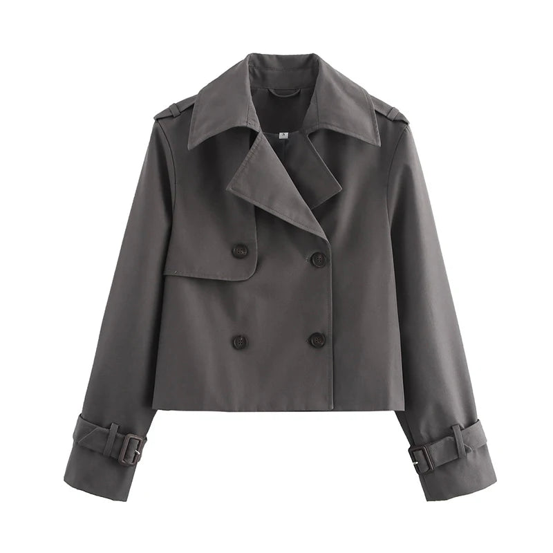 YENKYE New Autumn Women Solid Cropped Trench Coat Vintage Double Breasted Long Sleeve Short Jacket Lapel Collar Windbreaker