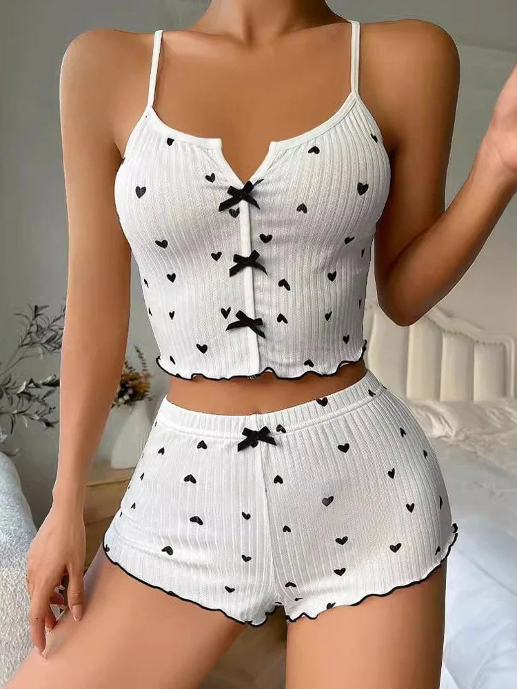 Silk Heart-Print Pajama Set – Cami Top & Shorts