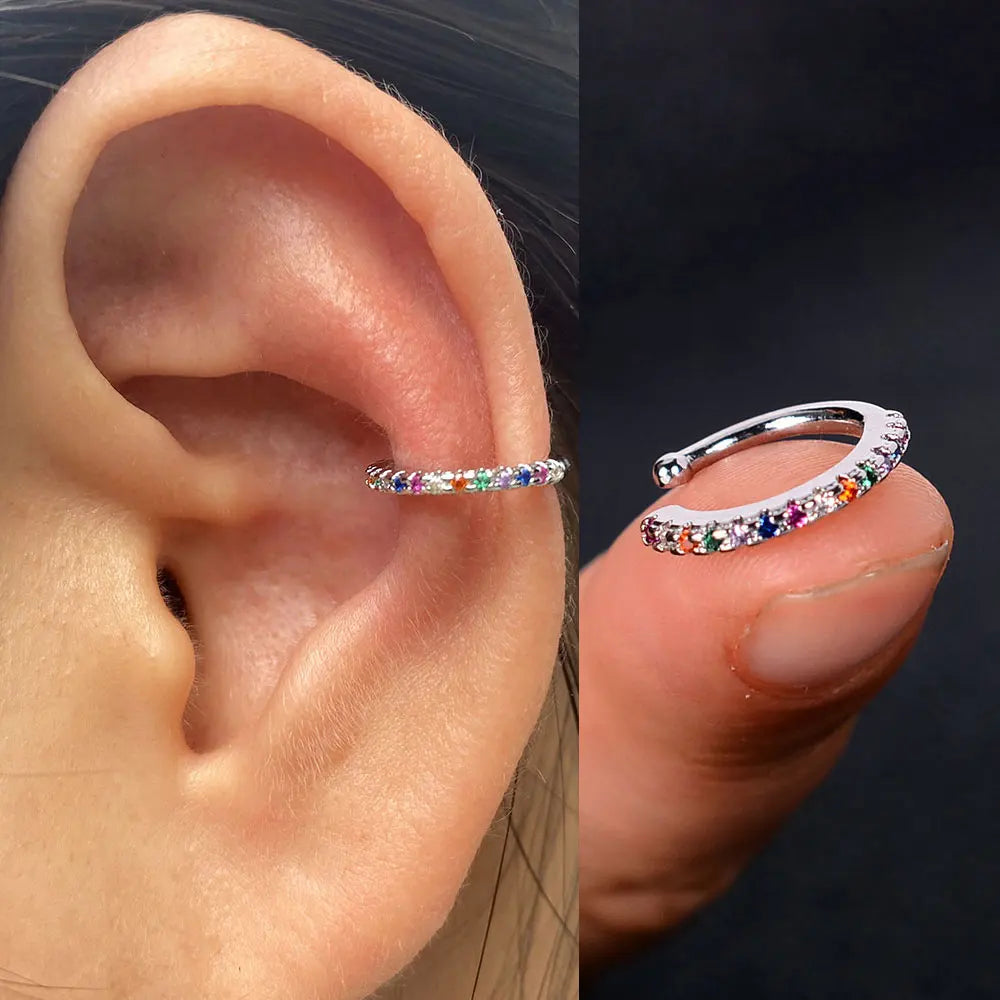 1Piece Geometry Rainbow CZ Cuff Wrap Clip On Earrings Women Girls Climber Ear Cartilage Bone Clips Fake Earring Non Piercing