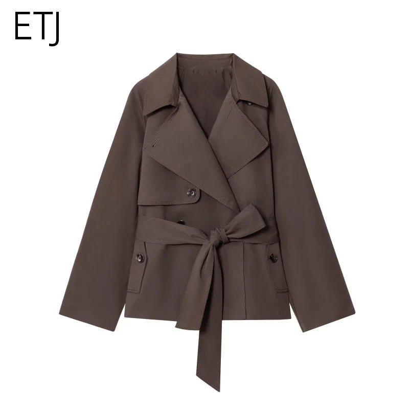 ETJ Autumn  new collection  women's British style lapel double-breasted Maillard color belt casual trench coat