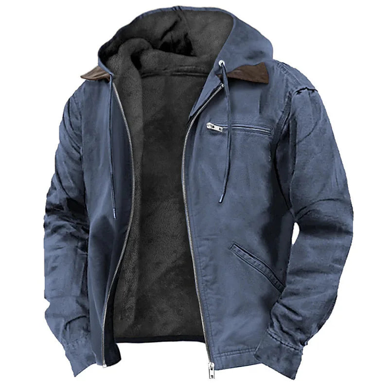 Men's Autumn Winter Casual Hooded Zipper Solid Fleece-lined Warm Jackets Male Multi Pockets Outdoor Hoodies Coats Outerwear