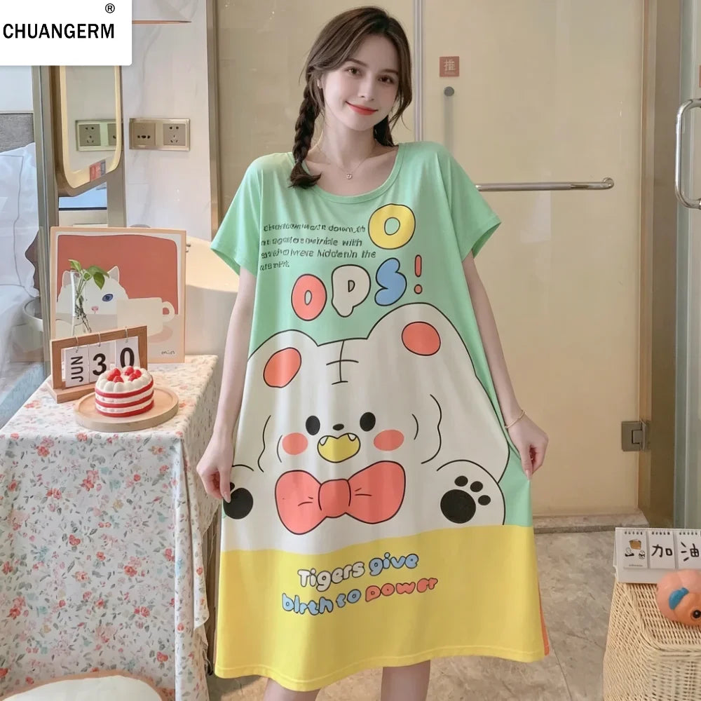 CHUANGERM Girls Women Cute Cartoon Short-Sleeved Pajama Dress Cool Comfortable Home Wear For Summer Autumn
