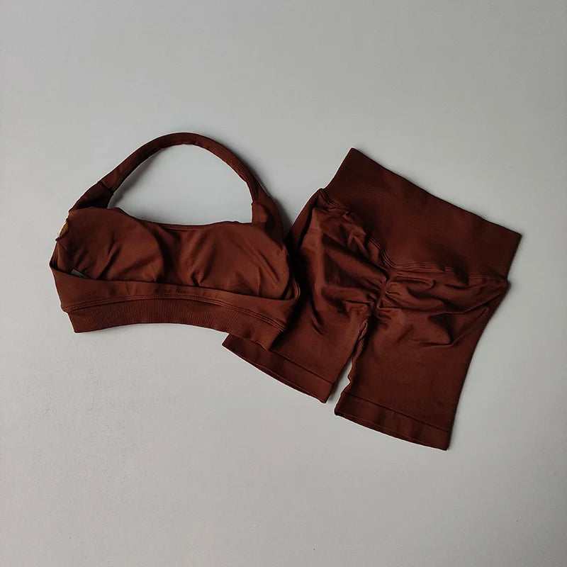 Sexy Halter Neck Beautiful Back High Waist Peach Sports Bras Shorts Suit Pilates Gathering Yoga Vest Training Fitness Bra Sets