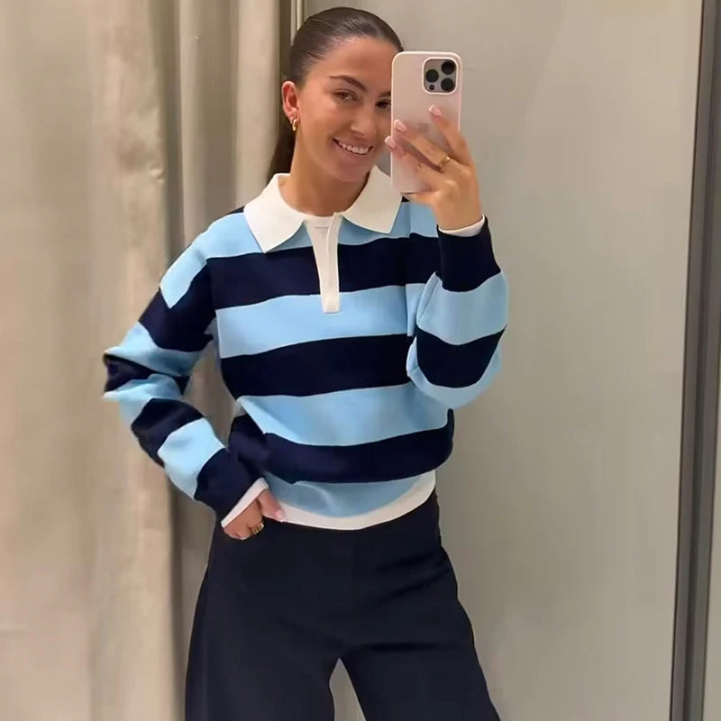 Autumn Women's  New Knitted Striped Sweater Polo Neck Pullover Autumn Fashion Loose Elegant Warm Young Women Sweater Street