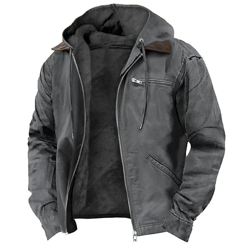 Men's Autumn Winter Casual Hooded Zipper Solid Fleece-lined Warm Jackets Male Multi Pockets Outdoor Hoodies Coats Outerwear