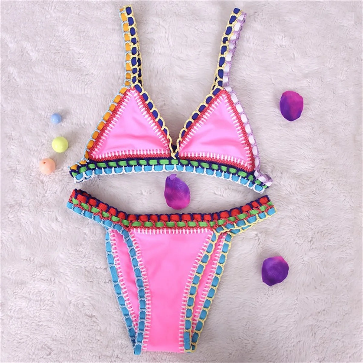 Pink Crochet Bikini  Sexy Women Swimsuit Female Swimwear Micro Bikini Set Bandeau Swimming Suit Beachwear Brazilian Biquini