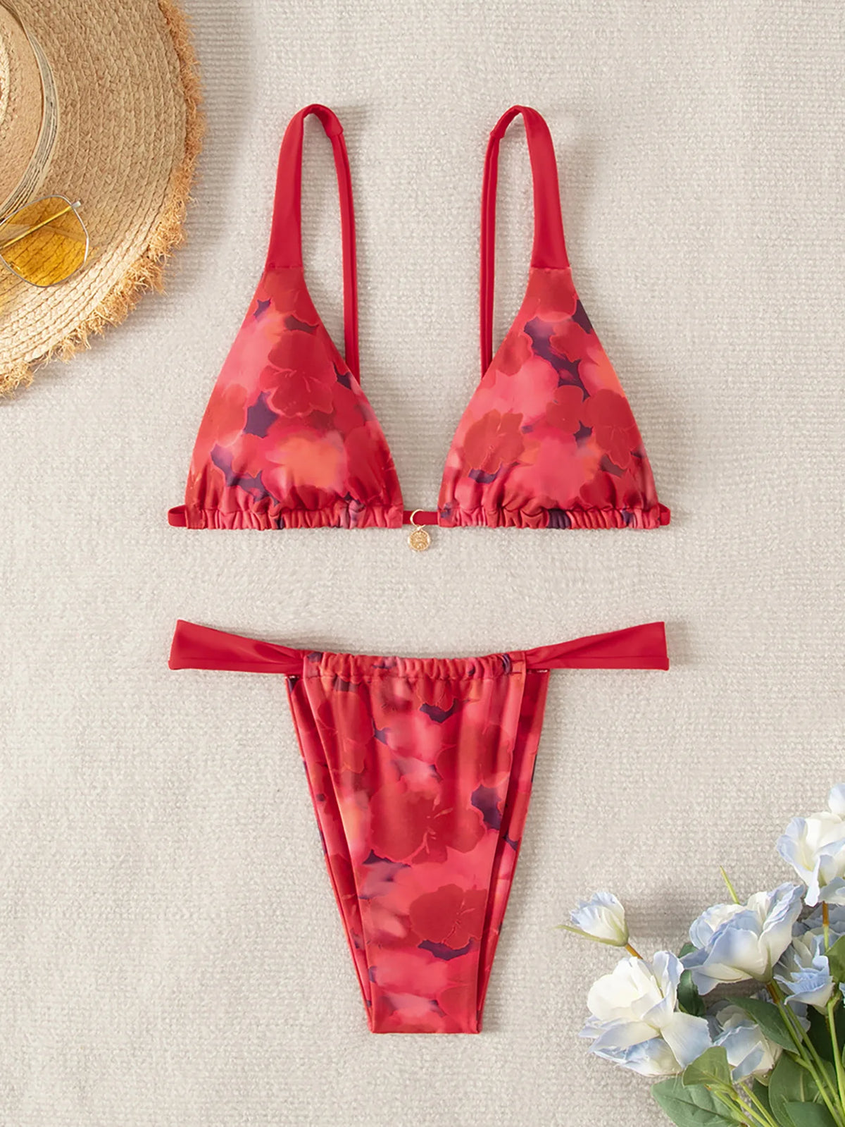 " New Triangle Bikini Set - Floral Print Push Up Swimsuit & Brazilian Bottoms"
