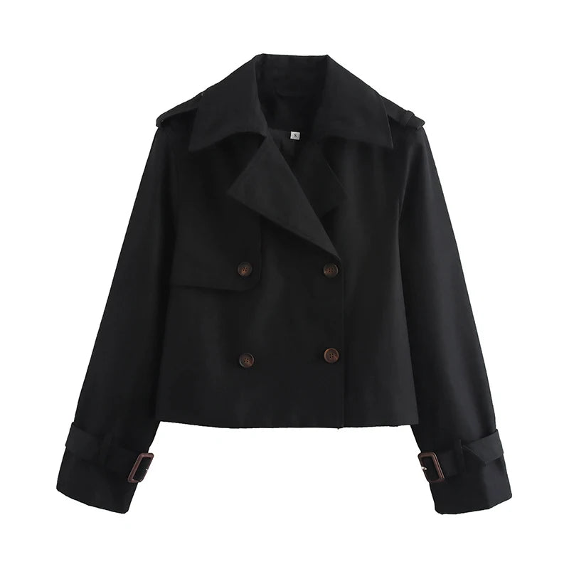 YENKYE New Autumn Women Solid Cropped Trench Coat Vintage Double Breasted Long Sleeve Short Jacket Lapel Collar Windbreaker