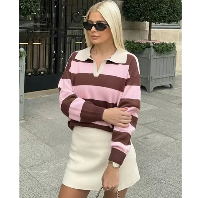 Autumn Women's  New Knitted Striped Sweater Polo Neck Pullover Autumn Fashion Loose Elegant Warm Young Women Sweater Street