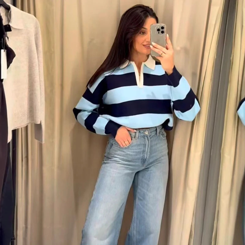 Autumn Women's  New Knitted Striped Sweater Polo Neck Pullover Autumn Fashion Loose Elegant Warm Young Women Sweater Street