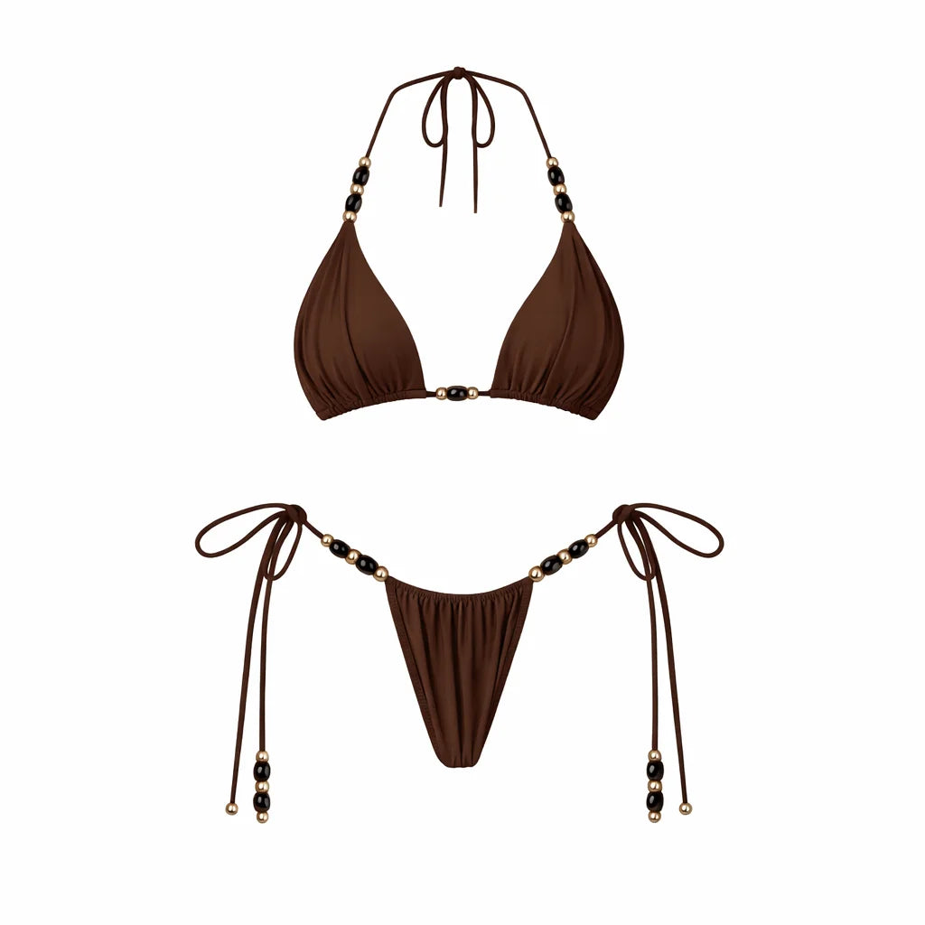 Beads 3Pcs Green Bikini Sexy Women Bandeau Biquini Female Swimsuit Push Up Swimwear Mesh Skirt Bathing Suits Cover Up Beachwear