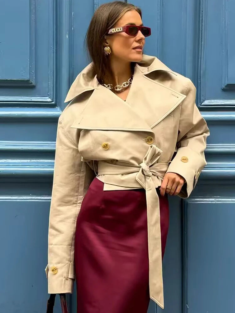SLTNX  New Women's British Wind Trench Coat Style Double-breasted Long Sleeve Belt Lapel Jacket Short Coat