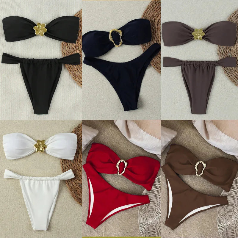 " Sexy Bandeau Push-Up Bikini Set - Brazilian Thong Swimwear for Women"
