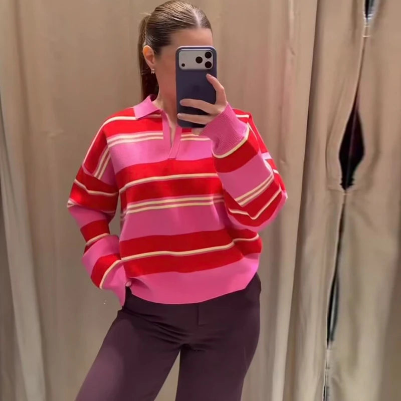 Autumn Women's  New Knitted Striped Sweater Polo Neck Pullover Autumn Fashion Loose Elegant Warm Young Women Sweater Street