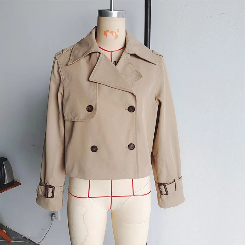 YENKYE New Autumn Women Solid Cropped Trench Coat Vintage Double Breasted Long Sleeve Short Jacket Lapel Collar Windbreaker