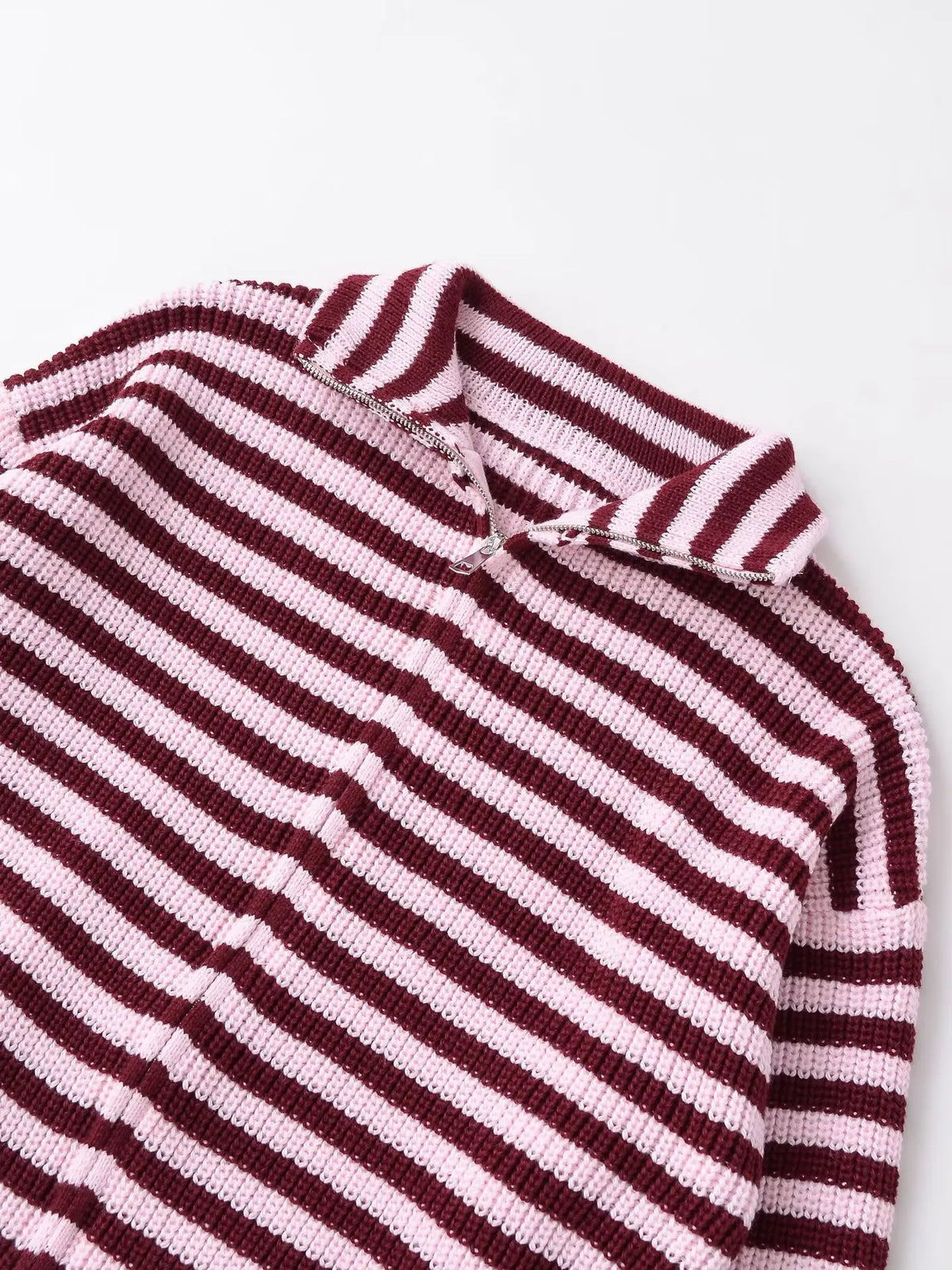 New Spring Striped Loose Knit Cardigans Women Casual Turtleneck Zip-up Pink Sweater Coat Women Knitwear Streetwear