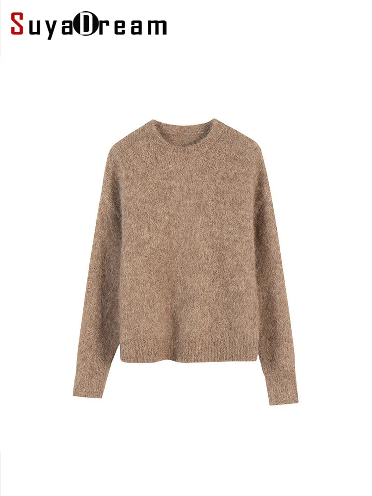 SuyaDream Warm Alpaca Pullovers for Woman, Dropped Sleeved Loose Sweaters, Brushed Wool Knit Sweater,  Fall Winter Top
