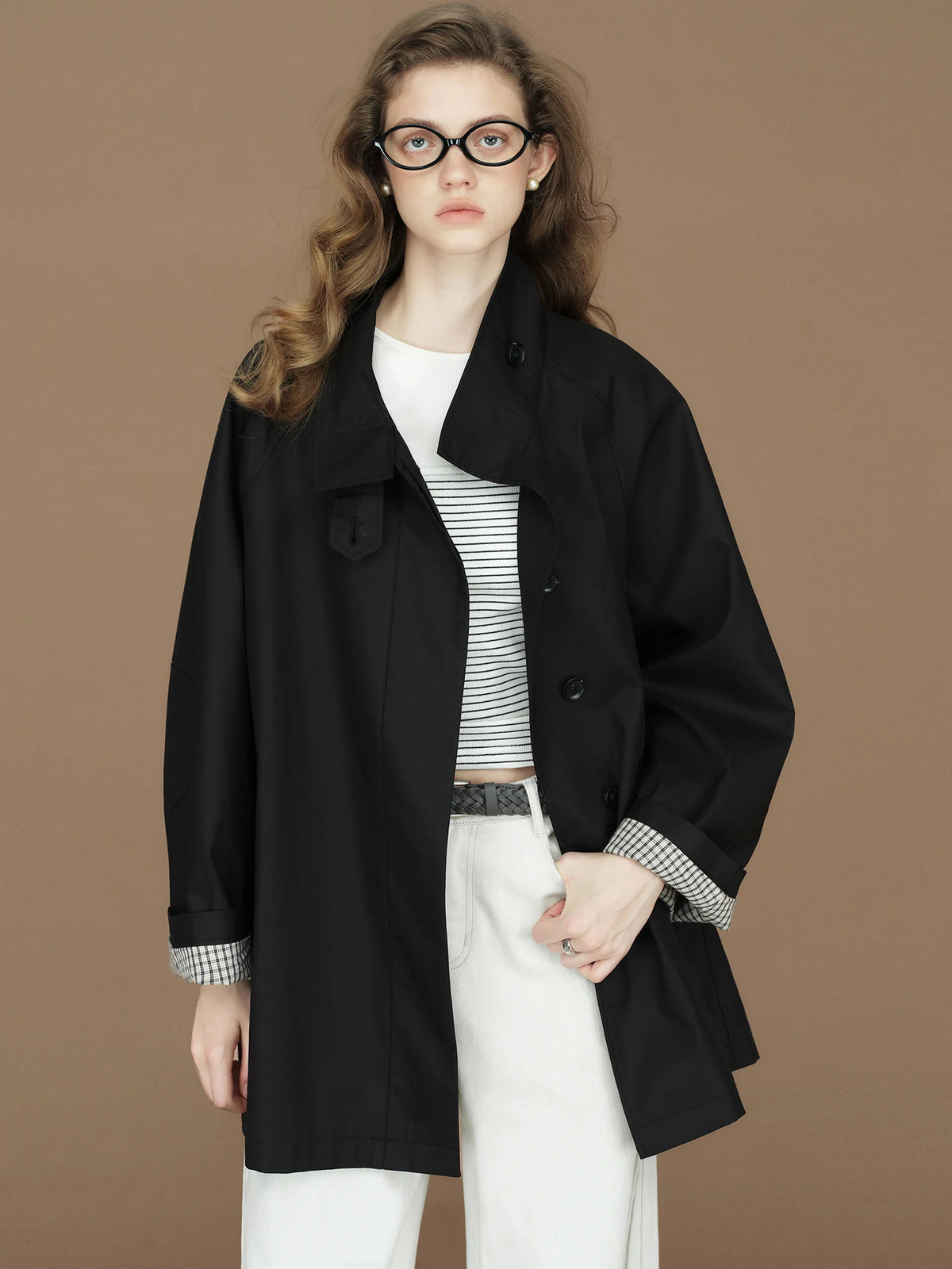 FSLE  Womens British Trench Coat Contrast Cuff Stand Collar Heritage Workwear Style Pink Black Khaki Short Long Trench Coat