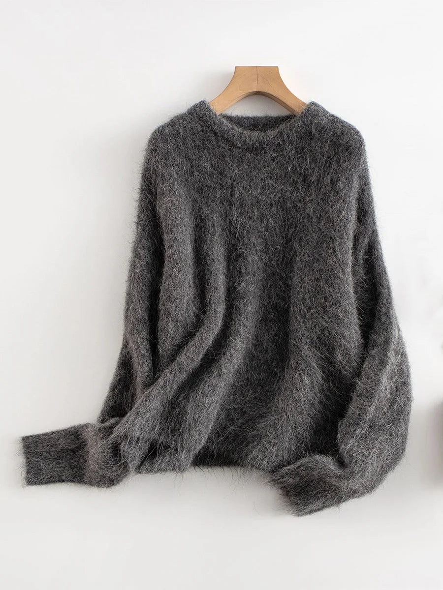 SuyaDream Warm Alpaca Pullovers for Woman, Dropped Sleeved Loose Sweaters, Brushed Wool Knit Sweater,  Fall Winter Top