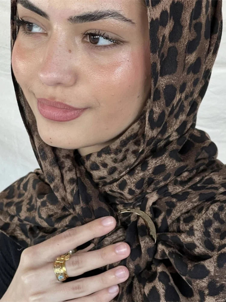 1Pcs Ramadan Hijab Leopard Print Women Bohemian Watercolor Soft Muslim Hijabs Floral Breathable Shawl Wrap Scarf Headscarf Warm